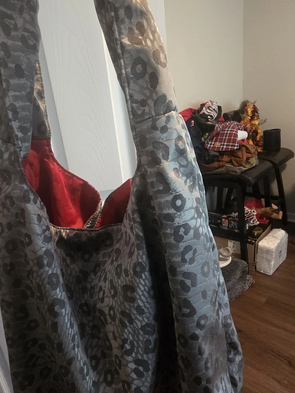Tahari Gray Leopard-Print Hobo with Red Interior